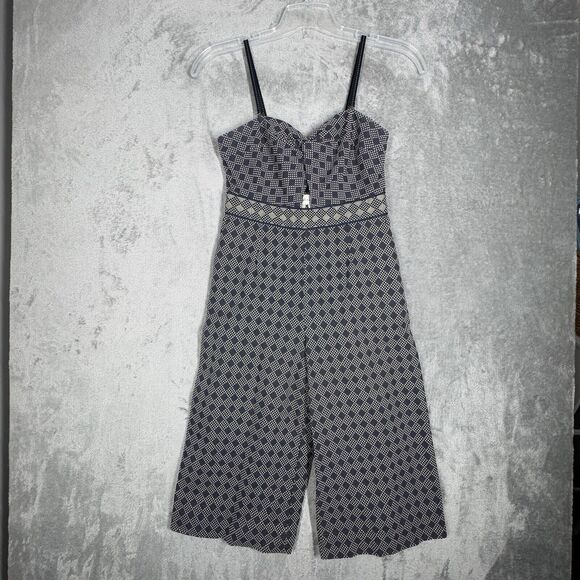 Anthro Elevenses Jumpsuit Women 2 Petite Blue White Geometric Remy Crop Wide Leg - Picture 2 of 11